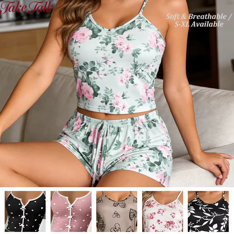 Damen-Pyjama-Set mit Blumenmuster, Spaghettiträgern, V-Ausschnitt, Shorts, Schlafanzug, Sommer, atmungsaktive Loungewear, verschiedene Prints, lässige Homewear