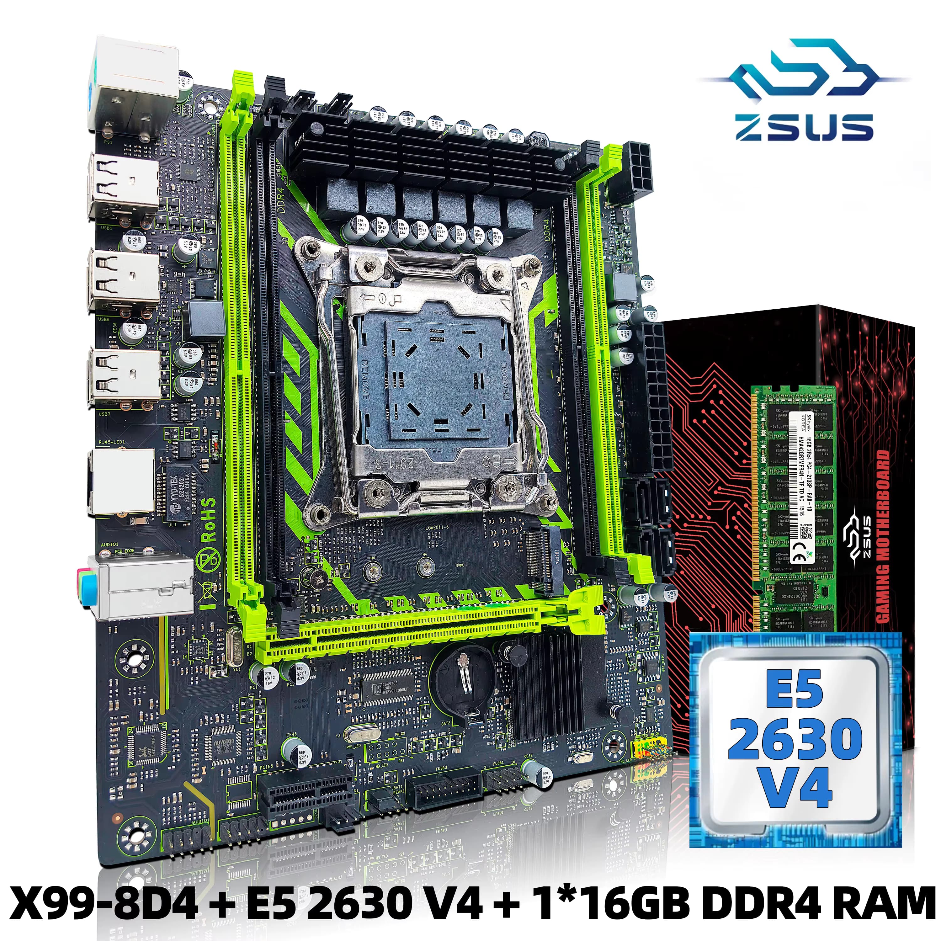 X99-8D4 ZSUS Motherboard Set Kit mit LGA2011-3 Xeon E5 2630 V4 CPU DDR4 16 GB (1 * 16 GB) 2133 MHz RAM-Speicher NVME M.2 SATA