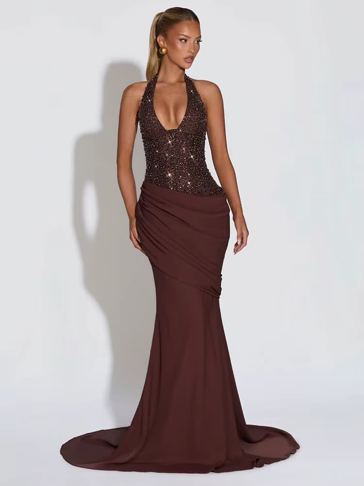GACVGA Pailletten Halter Zurück Lace-up Sexy Maxi Kleid Frauen Kleid Elegante Patchwork Ärmel Bodycon Club Party Langes Kleid