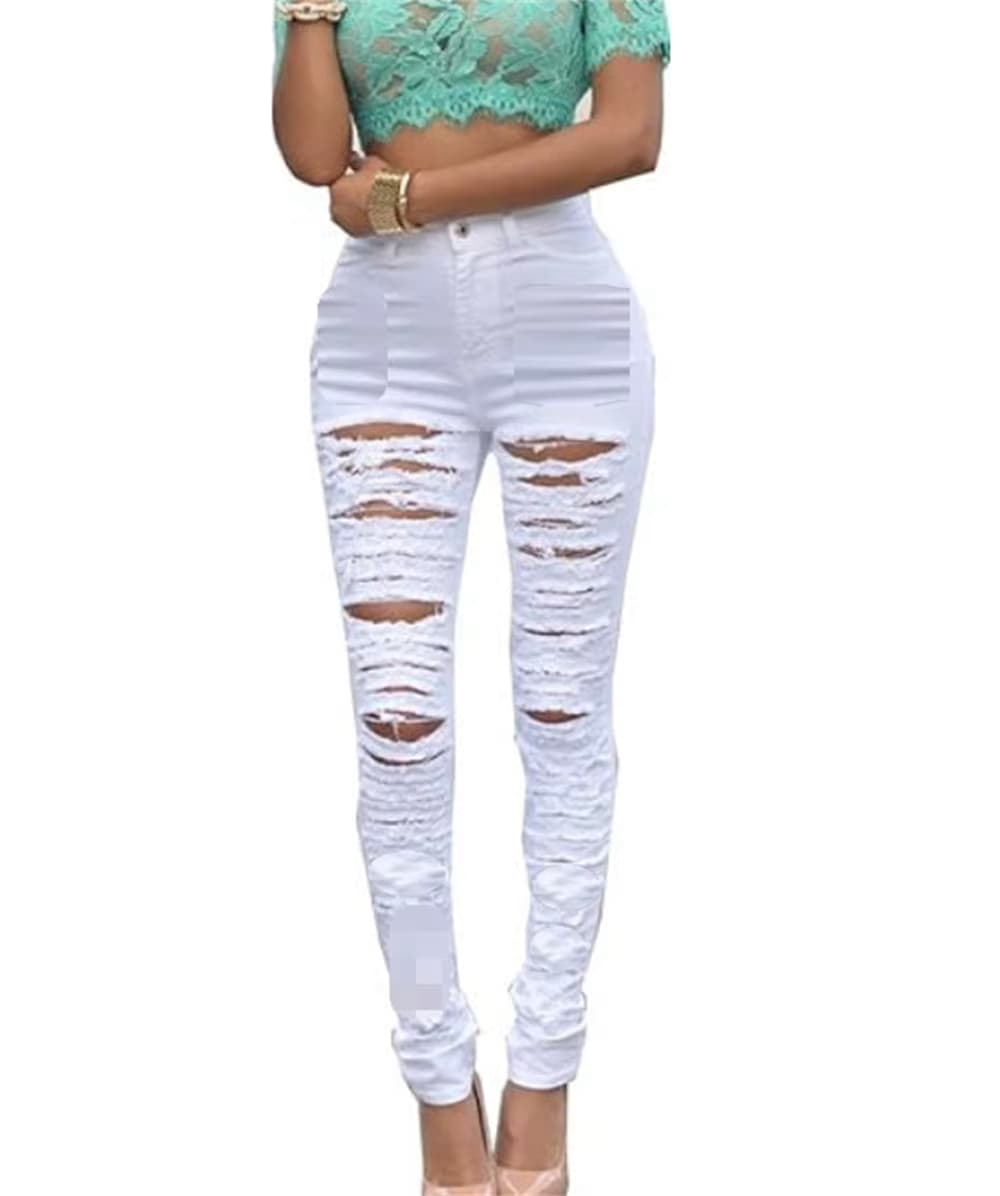 Damen Skinny Jeans mit Rissen Destroyed-Look Denim-Hose Lange Stretch-Bleistifthose