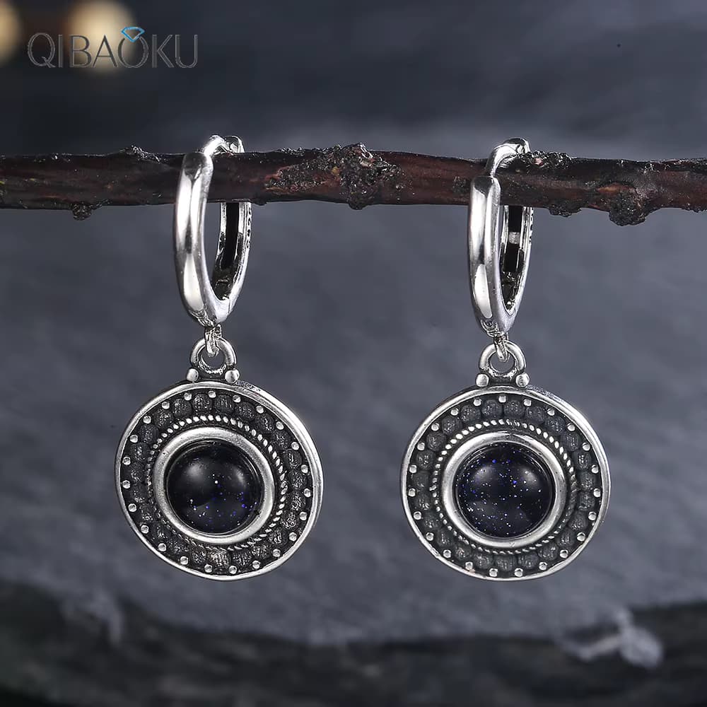Natürliche Kyanit-Ohrringe für Damen, S925-Silber, Sonnenblumenform, Retro-Silber-Labradorit-Creolen