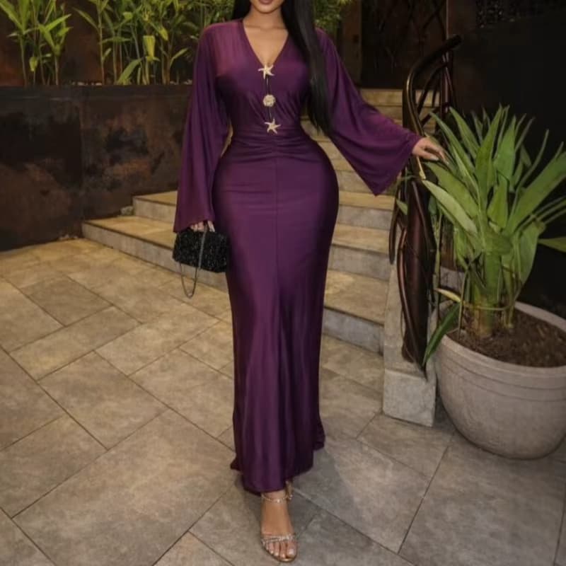Langes Kleid Damen Abendkleid Sexy Vestidos Y2k Streetwear V-Ausschnitt Lange Ärmel Hüftwickel Elegant Figurbetont Party Nacht Arbeit 2026