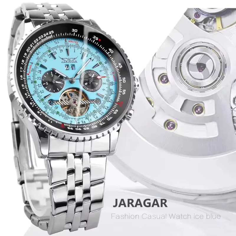 JARAGAR 034 Luxuriöse Retro Automatik-Mechanische Uhr mit Tourbillon, Skelett-Zifferblatt, Edelstahl, Kalender und Wochenanzeige für Herren