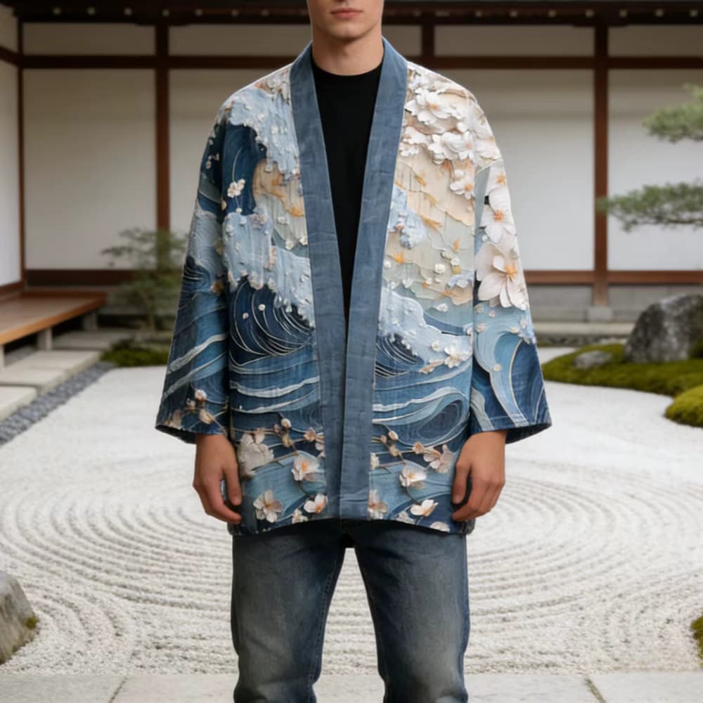 Baumwoll-Kimono-Cardigan mit Aufdruck für Herren und Damen, langärmelig, vorne offen, Loungewear, Streetwear, atmungsaktive japanische Kleidung