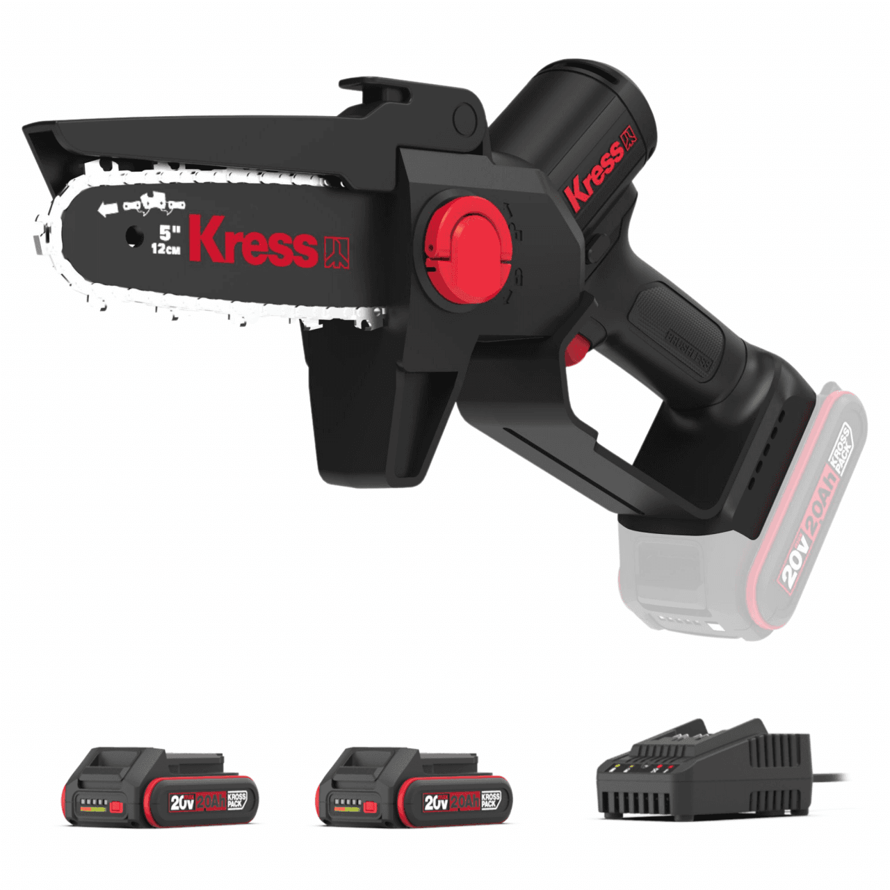 MiniAkkuKettensäge 12 cm KG343 20 V Baumsäge KomplettSet mit 2 x 2.0 Ah Akku + Ladegerät 2 A