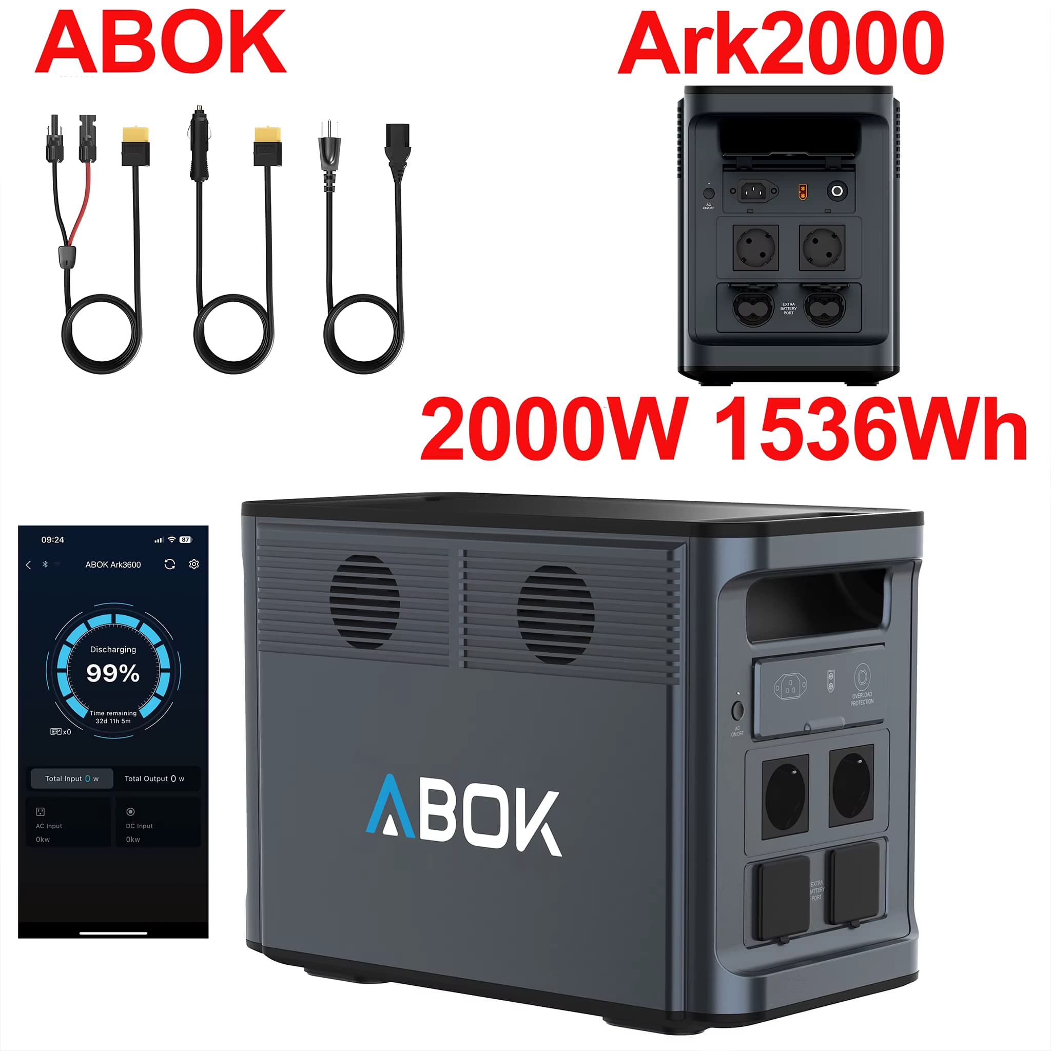 ABOK Ark2000 Powerstation mit APP, 1536Wh LiFePO4-Akku, 2000W Reiner Sinuswellen-AC-Anschluss, Solargenerator für Notstromversorgung zu Hause und Camping