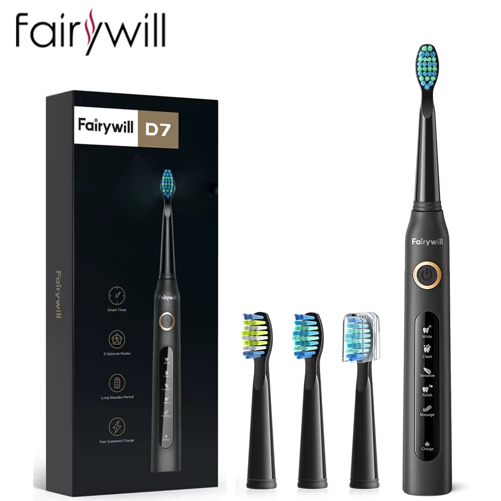 Fairywill Elektrische Schallzahnbürste, USB-Aufladung, FW-507, wiederaufladbar, wasserdicht, elektronische Zahnbürsten, Ersatzköpfe für Erwachsene