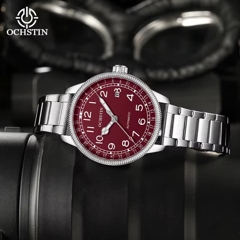 OCHSTIN Automatische Herrenuhr, Edelstahlarmband, Gehäuse mit Münzkanten-Design, leicht ablesbares Zifferblatt mit Datum, mechanische Herren-Armbanduhr