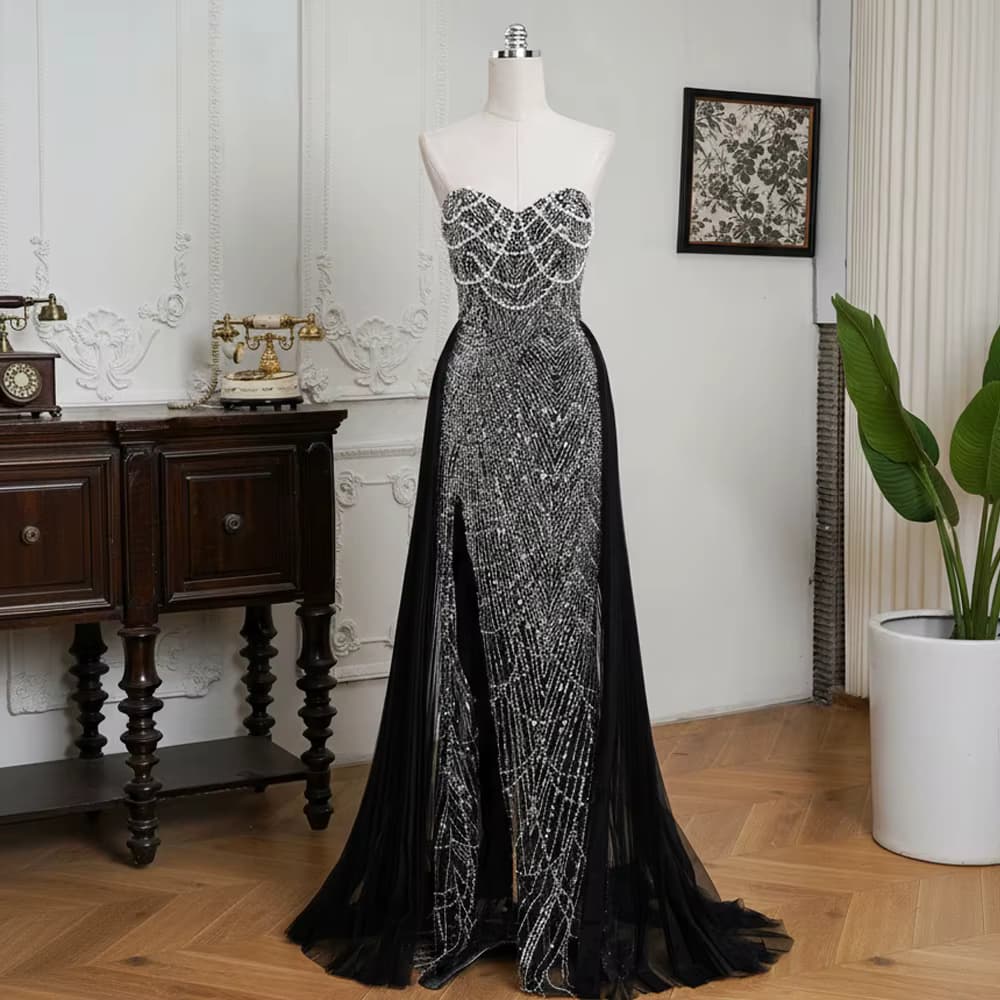 BABYONLINE Echte Fotos Schwarze Perlenbesetzte Arabische Abendkleider 2026 Luxus-Perlen Damen Formelles Maxikleid für Hochzeitsfeier CPS3200