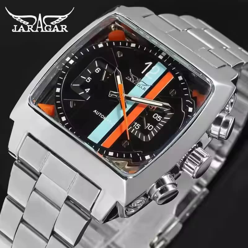 JARAGAR 569 Kreative Mode Herren Automatische Mechanische Uhr Retro Quadrat Kalender Woche Edelstahl Herren Business Uhren