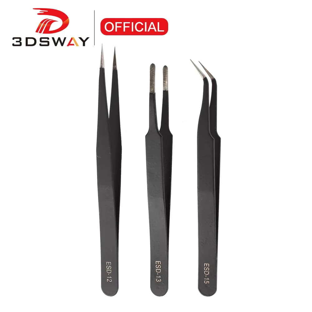 3DSWAY 3D-Drucker, antistatische Pinzette, Werkzeugset, hohe Spitze, gebogen, gerade, Edelstahl, Multifunktions-Zange, Reparatur-Werkzeug-Set