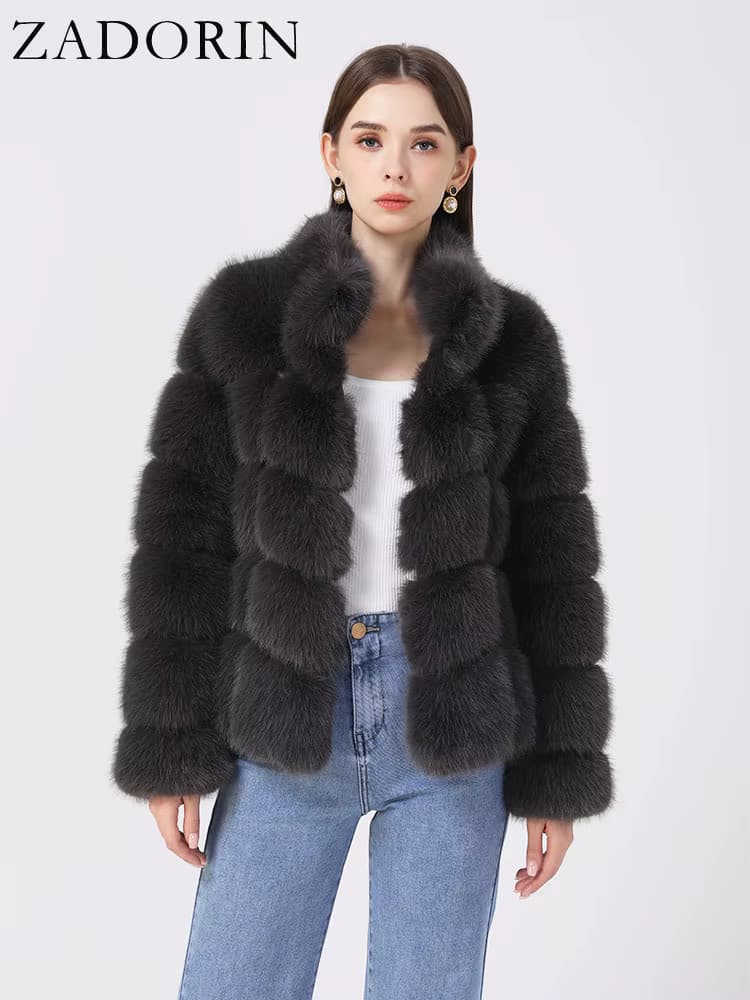 ZADORIN Winterkleidung für Frauen Stehkragen Spleißen Langarm Kunstpelzmantel Frauen Schwarz Weiß Flauschige Jacke Kunstpelzmäntel