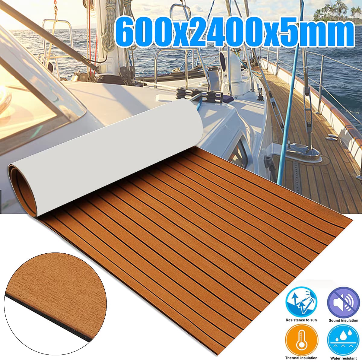 2400 x 600 x 5 mm selbstklebender Yachtbodenbelag aus EVA-Schaum, Teakbraun mit schwarzer Linie, künstliches Teakholz-Bootsdeckblatt