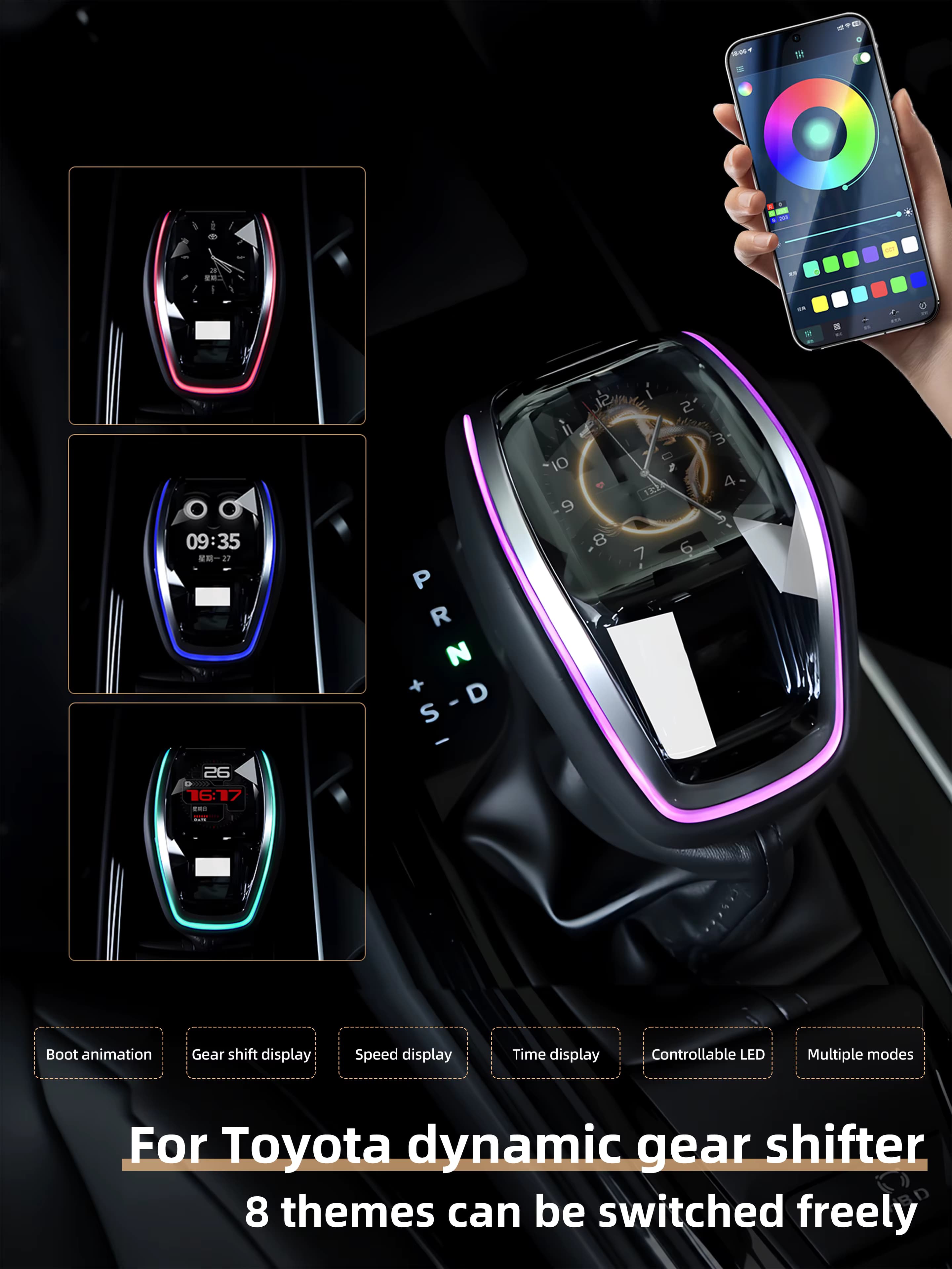 Neues Modell Smart LCD Kristall-Schaltknauf, APP-Steuerung 8 Themen & LED-Ambientebeleuchtung für Toyota Camry RAV4 Autozubehör.