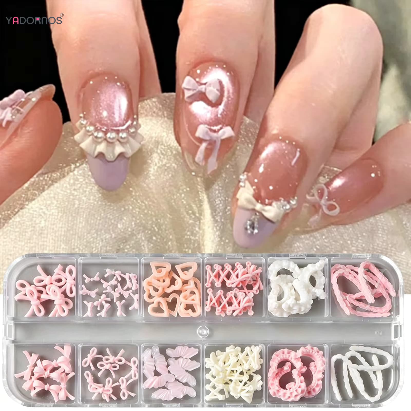 12Grid Pink Ballet Series Nagelzubehör 3D Schleifen-/Herz-/Rocksaum-Designs Charms für Nägel im koreanischen Stil DIY Nageldekorationen