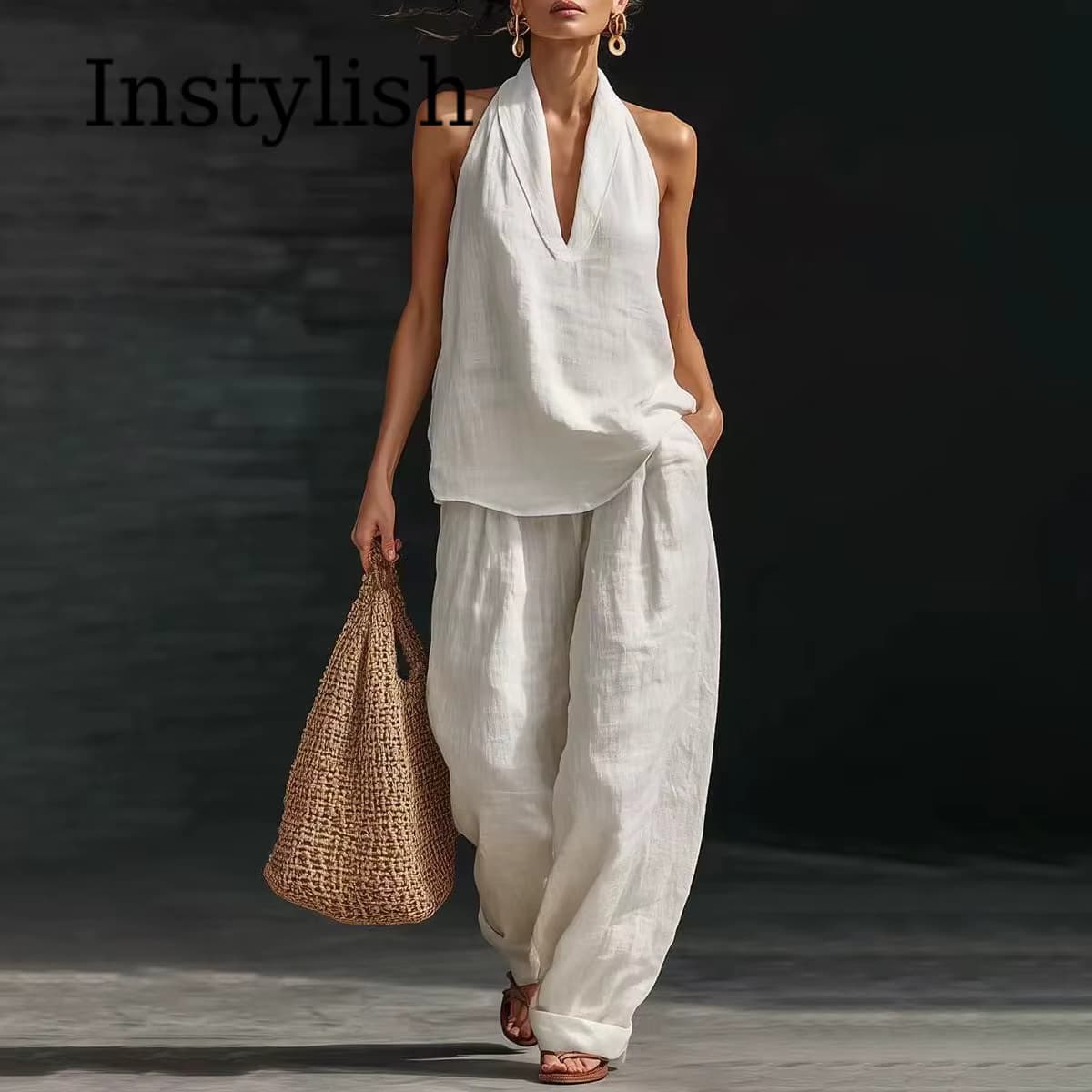 Sommerliches Damen-Freizeit-Set aus Leinen: 2-teiliges Halter-Neck V-Ausschnitt Top und Weite-Bein-Hose für Strand und Urlaub