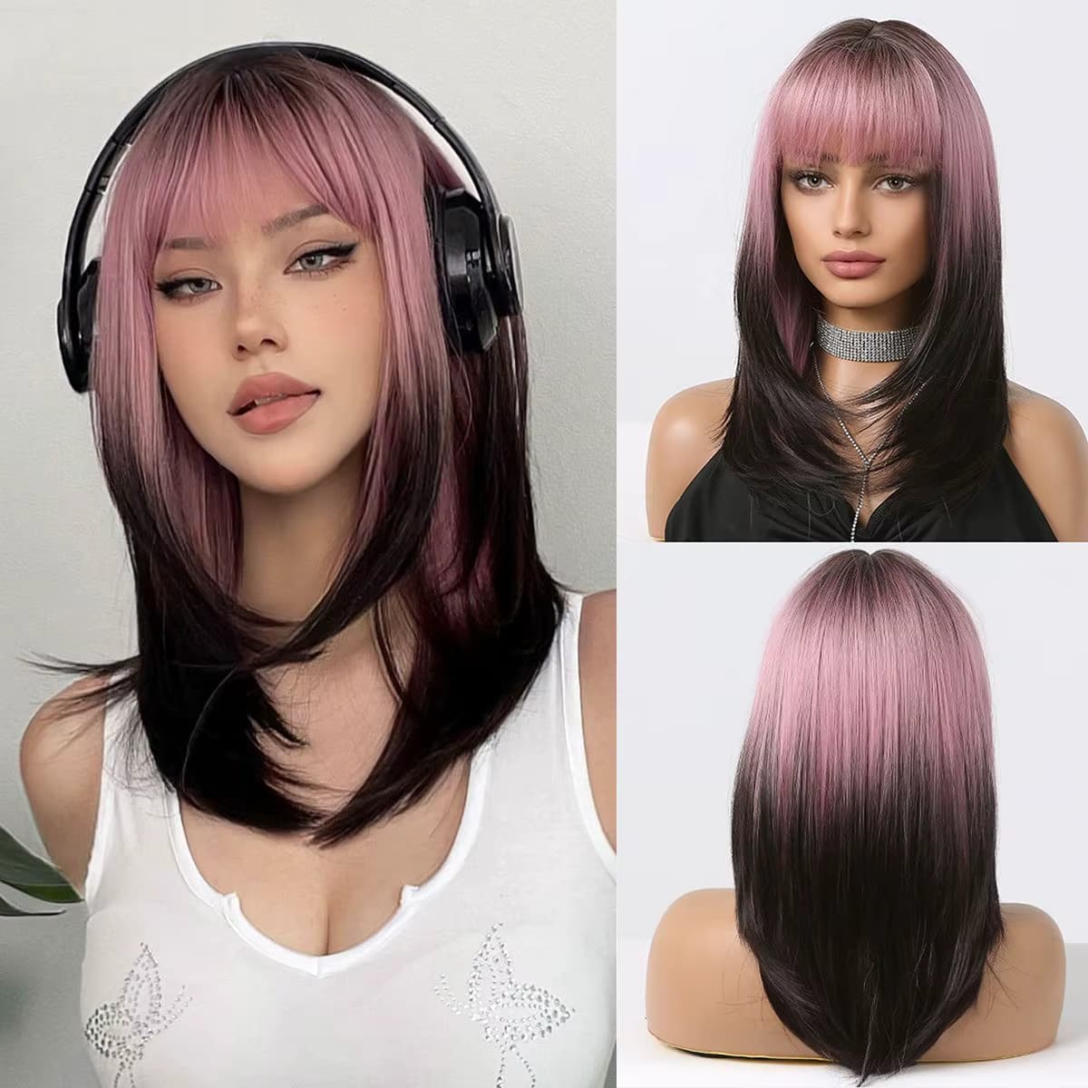 Lange, gerade, rosa bis schwarze Perücke mit vollem Pony für Frauen, synthetisches Haar, hitzebeständige Faser, realistisch, für den täglichen Gebrauch, Cosplay, Party