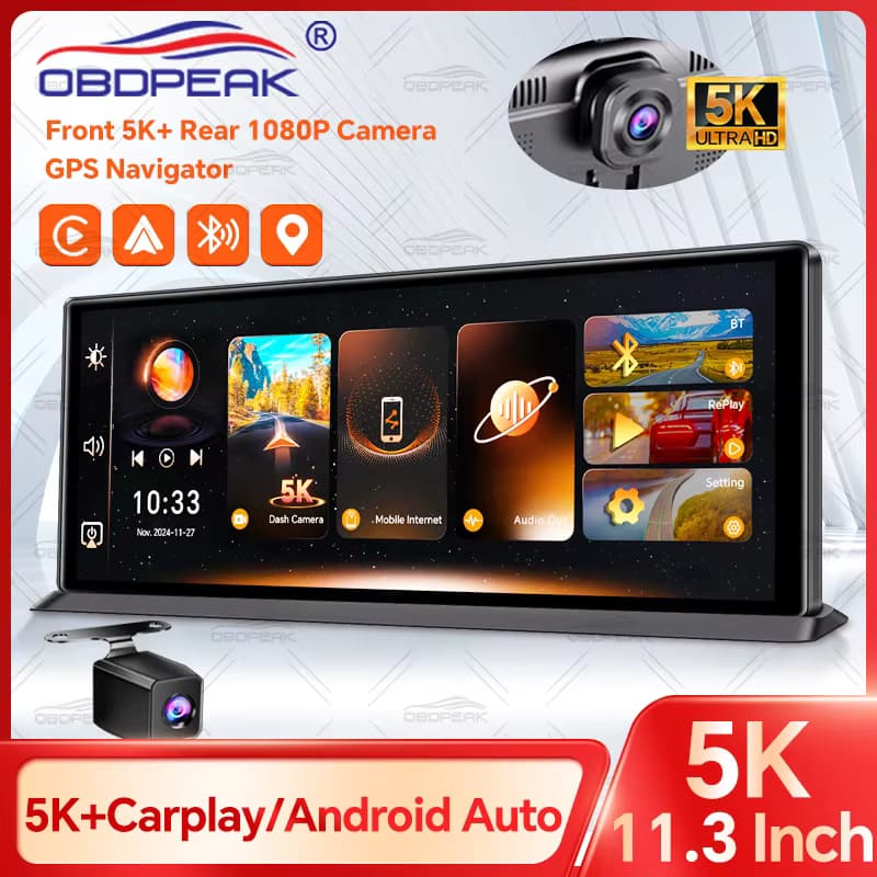 OBDPEAK K8 Pro Vorne 5K Hinten 1080P Dash Cam Kamera 11,3 "Touch Ai Bildschirm Carplay & Android Auto GPS Navigation Nachtsicht DVR