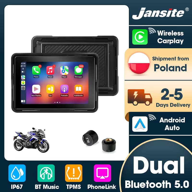 Jansite Tragbarer 5'' Motorrad-Carplay Android Auto IPX7 Wasserdichter GPS-Navigator Dual Bluetooth 5.0 Moto-Monitor IPS-Bildschirm