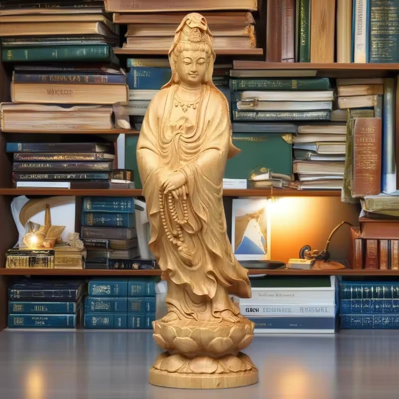 Natürliche Zypresse Lotus Guanyin kleine Statue chinesische Buddha Statuen Home Room Office Auto Feng Shui Figur Statue Log Farbe 4,71 Zoll