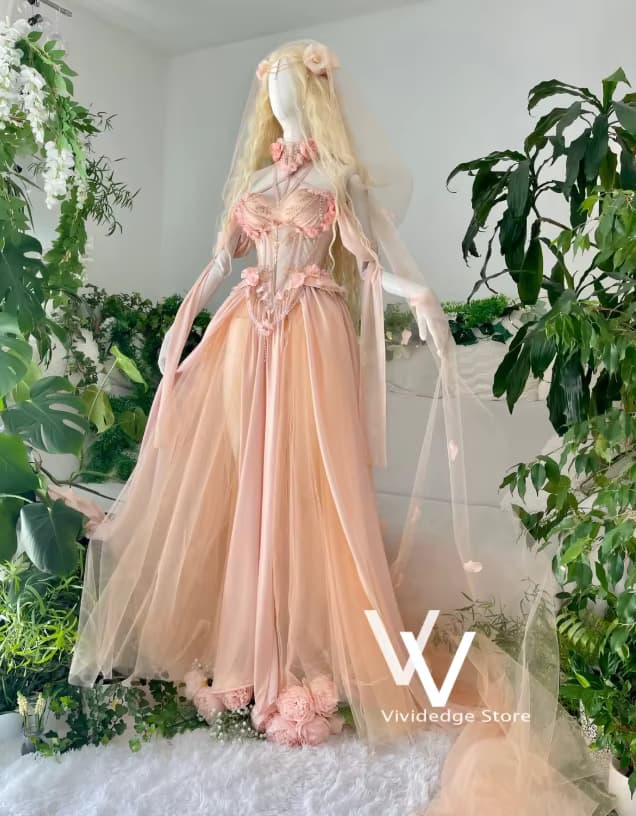 Champagnerrosa viktorianische Ballkleider mit Feenärmeln, handgefertigt, mit Blumenperlen besetzt, schulterfrei, mittelalterliches Geburtstagskleid, individuell gestaltet