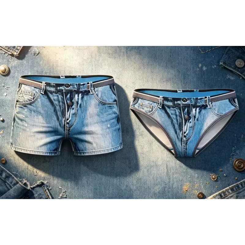 Kombinierte, grenzüberschreitende, neue Herren-Badehose aus Denim-Imitat mit Druck, schnell trocknend, trendige Triangel-Sand-Badehose UXH377