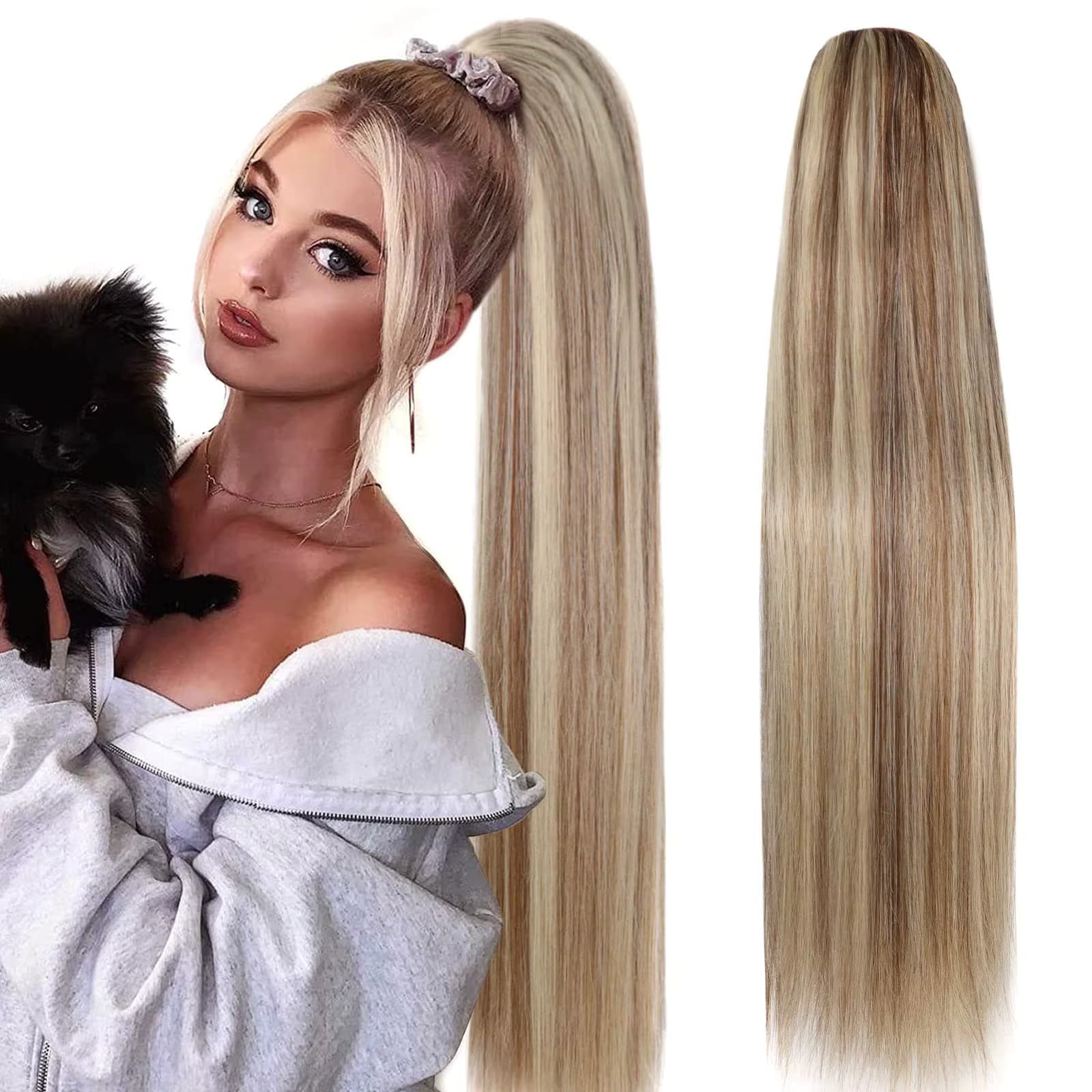 Blonder Pferdeschwanz aus 100 % Echthaar, mit Kordelzug, gerade, zum Anklipsen, 100 % Echthaar-Verlängerung für Frauen # P8/613