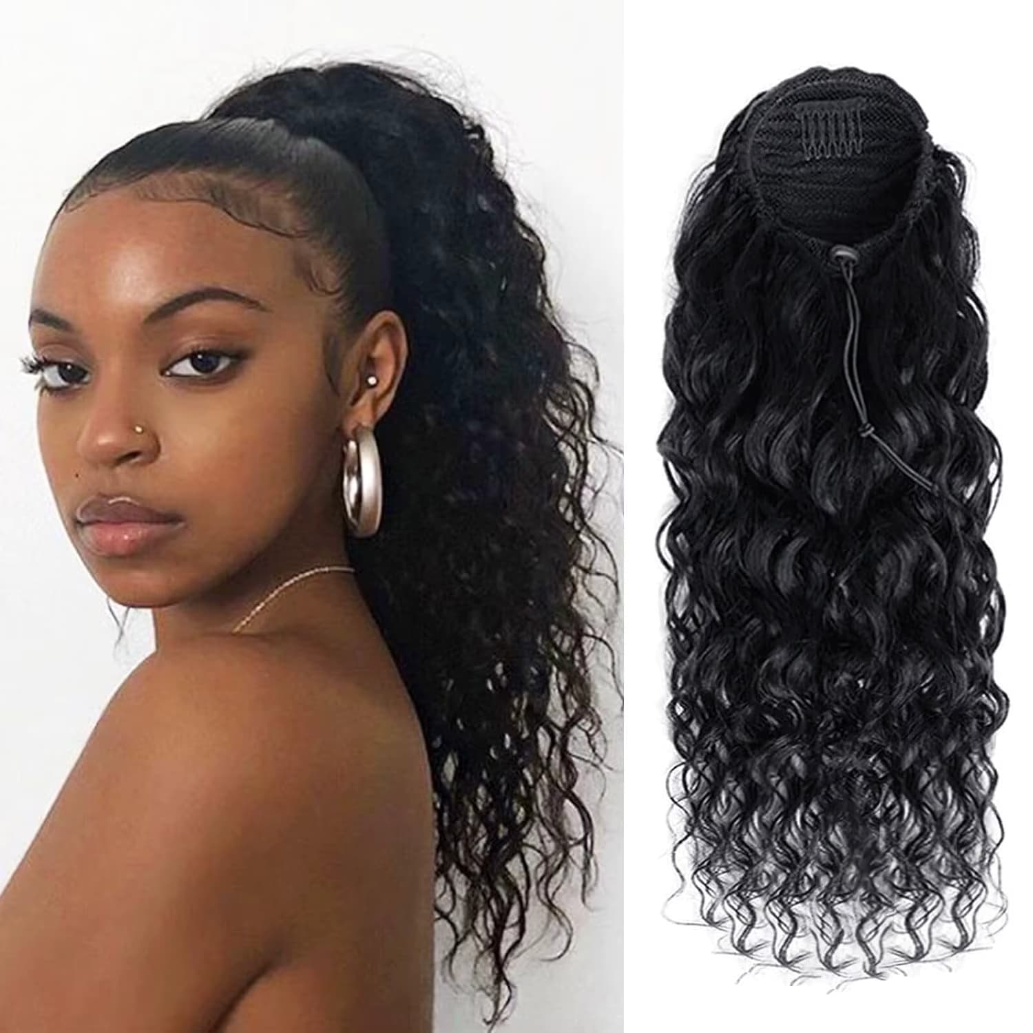 Deep Wave Kordelzug-Pferdeschwanz, 100 % Echthaarverlängerungen, 100 g, brasilianisches Remy-Haarteil in natürlichem Schwarz mit Clip-in-Pferdeschwanz