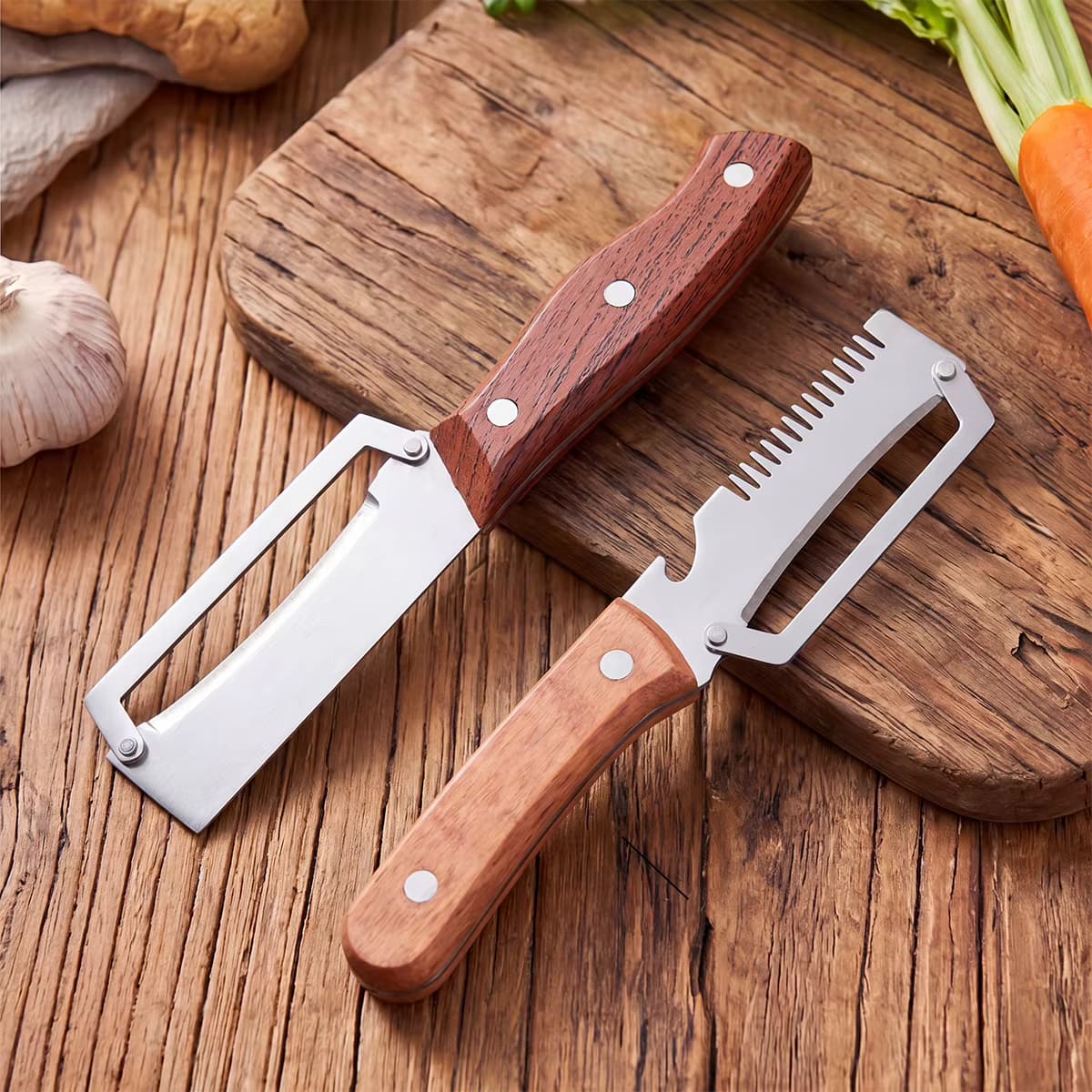 Edelstahl-Gemüseschäler mit Holzgriff 3-in-1 Obst- und Kartoffelschäler mit Flaschenöffner Küchen-Schälwerkzeuge