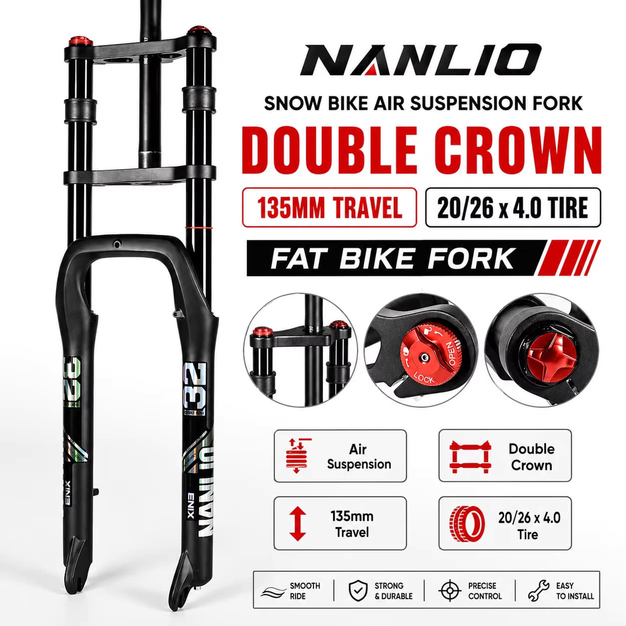 Nanlio Doppelbrücken Luftfedergabel für Fatbike 20/26x4.0 Reifen MTB E-Bike Gabel 135mm Federweg Fahrradteile