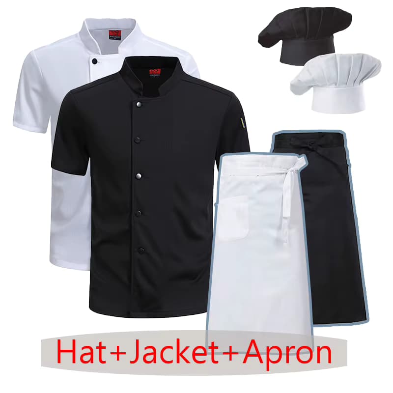 Kochuniform 3-teiliges Set Großhandel Unisex Küchenschürze Kochmütze Bäckerei Catering Arbeitskleidung Kurzarm Kochhemd Kellner Arbeitsbekleidung