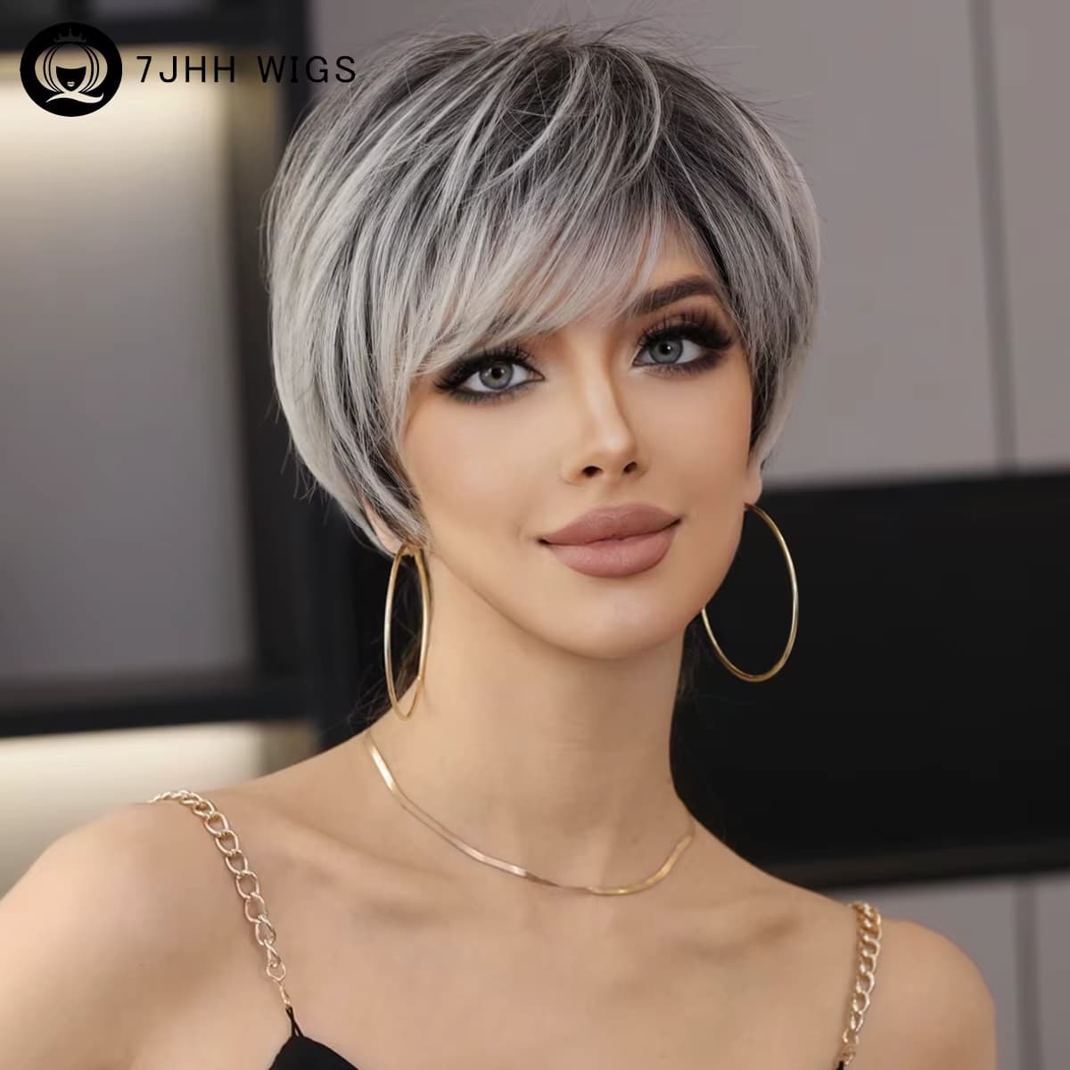 7JHH WIGS Ombre Schwarz Blonde Bob Perücke für Frauen Tägliche Party Synthetische Gerade Kurze Haare Perücke mit Flauschigen Pony Pixie Cut Perücken