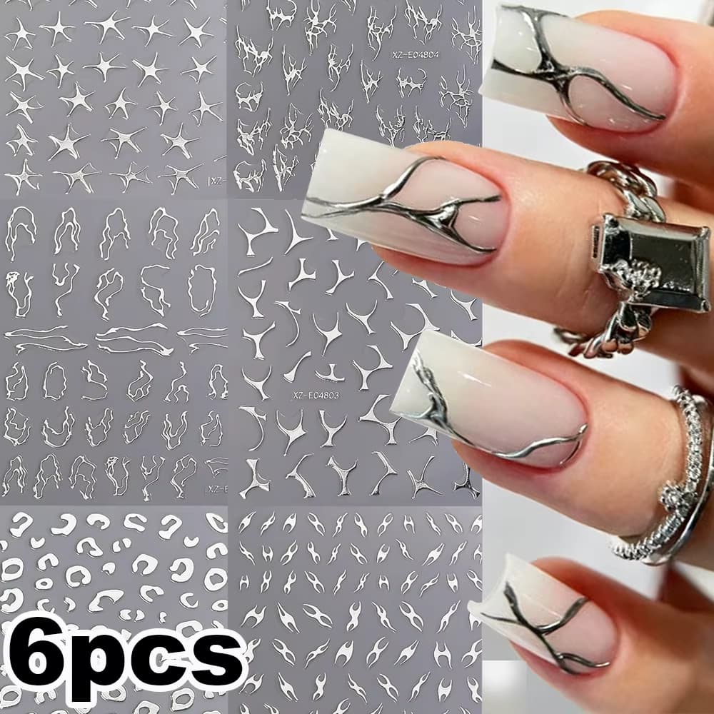 6 Stück 3D Metallic Silber Nagelaufkleber Unregelmäßiges Leoparden-/Stern-/Kurvenlinien-Design Nagelkunst-Abziehbilder Y2K Abstrakte Linien Maniküre-Dekoration