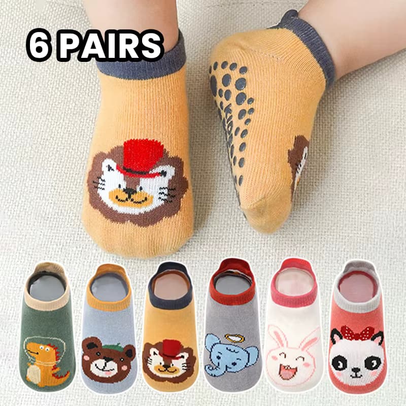 6 Paar rutschfeste Kindersocken mit niedlichen Cartoon-Tiermustern. Dies sind für Kleinkinder und kleine Wanderer geeignet.