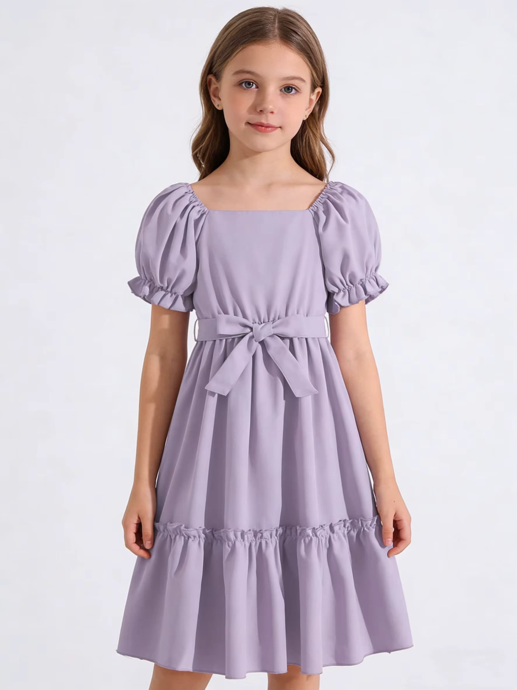 Sommerliches neues modisches Kleid mit eckigem Ausschnitt, kurzen Puffärmeln, einfarbig, tailliert und figurbetont für Mädchen