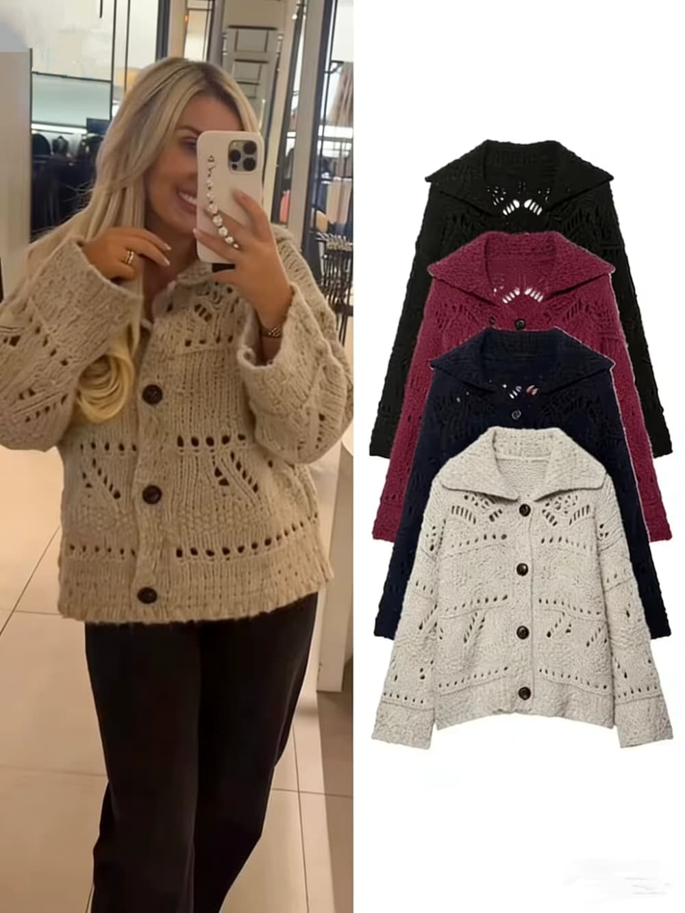 Damen Strickjacke 2026 Frühling Reverskragen Langarm Knopfleiste Einfarbiger Pullover Oberteil Weibliche Mode Lose Durchbrochene Mäntel