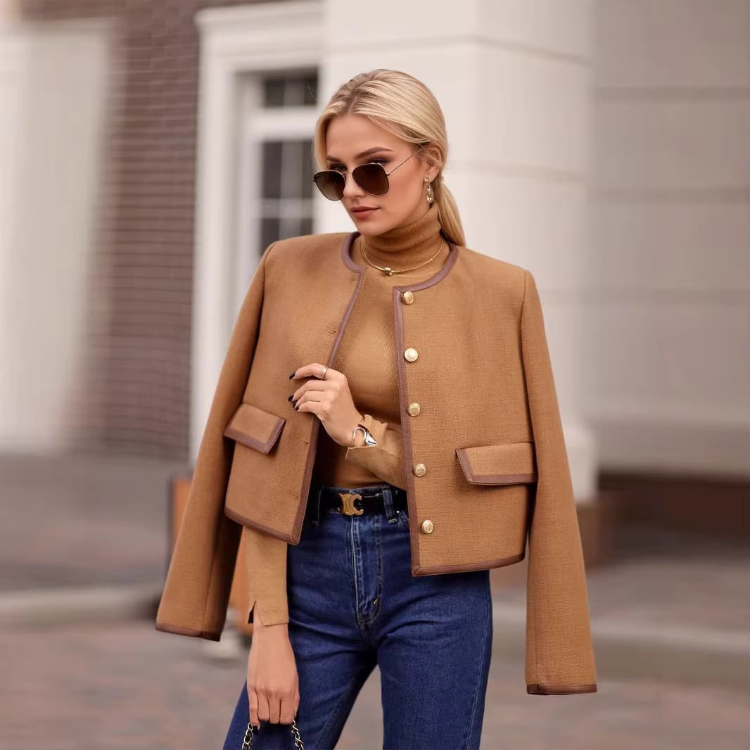 Elegante Kamel Tweed Abgeschnitten Jacke Frauen Vintage Gold Taste Oansatz Kurzen Mantel Herbst Winter Koreanische Mode Alte Geld Strickjacke