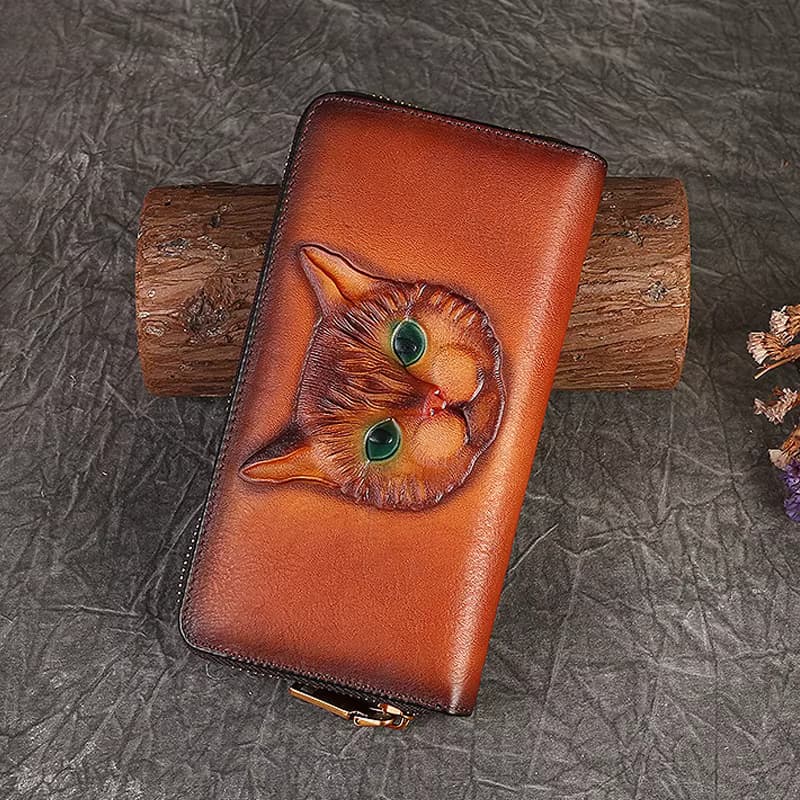 Lange Geldbörse aus echtem Leder für Damen, Geldbörse, Ausweis/Kreditkarte, Bargeldhalter, Katzenmuster, Retro-Stil, weibliches Rindsleder, Geldbörsen, Tasche