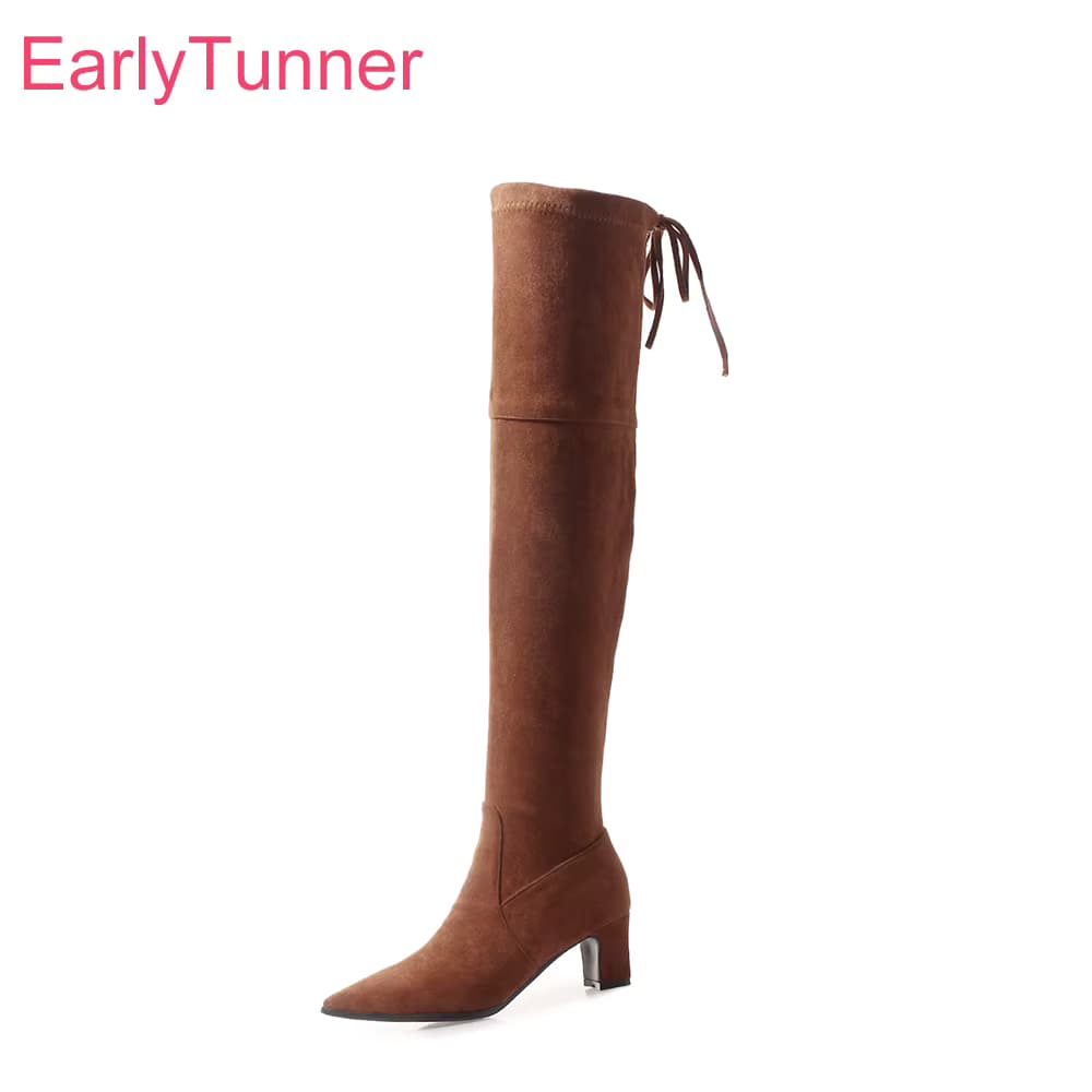 Neue Winter Warme Gelb Schwarz Frauen Oberschenkel Hohe Stiefel Spitz Hohe Quadratische Absätze Dame Schuhe Plus Große Größe 12 32 45 48