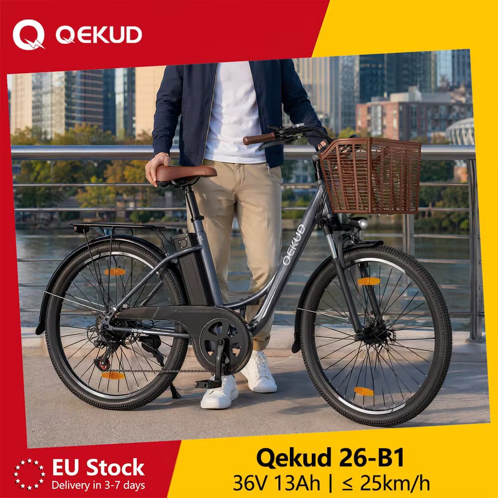 Qekud 26-B1 Elektrofahrrad für Erwachsene, 26 Zoll City E-Bike 250W mit 36V 13Ah Akku, 7-Gang, 25 km/h und 90km Reichweite
