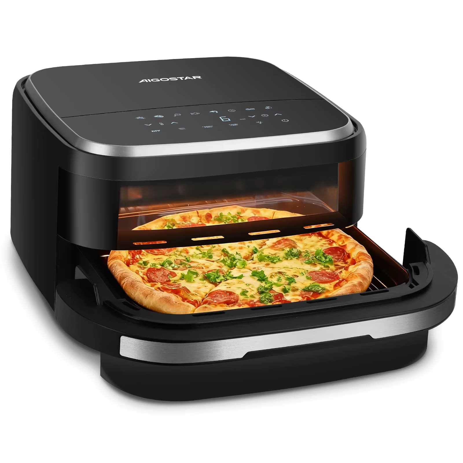 Aigostar Heißluftfritteuse mit XL 745 cm² Garfläche 27.3 * 27.3cm leiser Extra-Crisp Technologie Pizzafunktion Doppelheizung Sichtfenster 11 Programmen Touchscreen Metall-Innenraum 2200W Schwarz