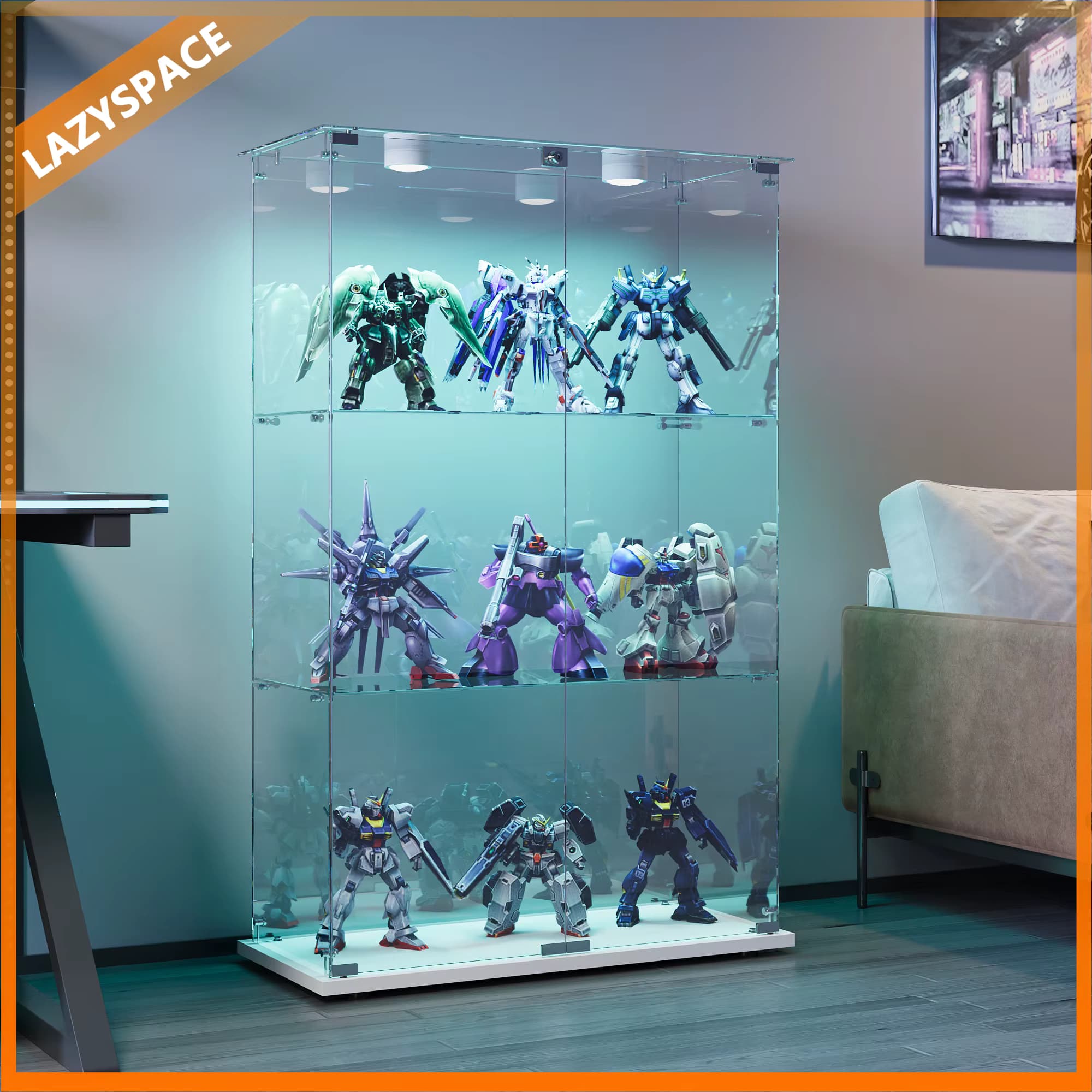 Lazyspace 3-stöckiges Glasvitrine, vertikale Vitrine mit Doppeltür, Holzvitrine für Sammlerstücke, 123,3 x 78,5 x 35 cm