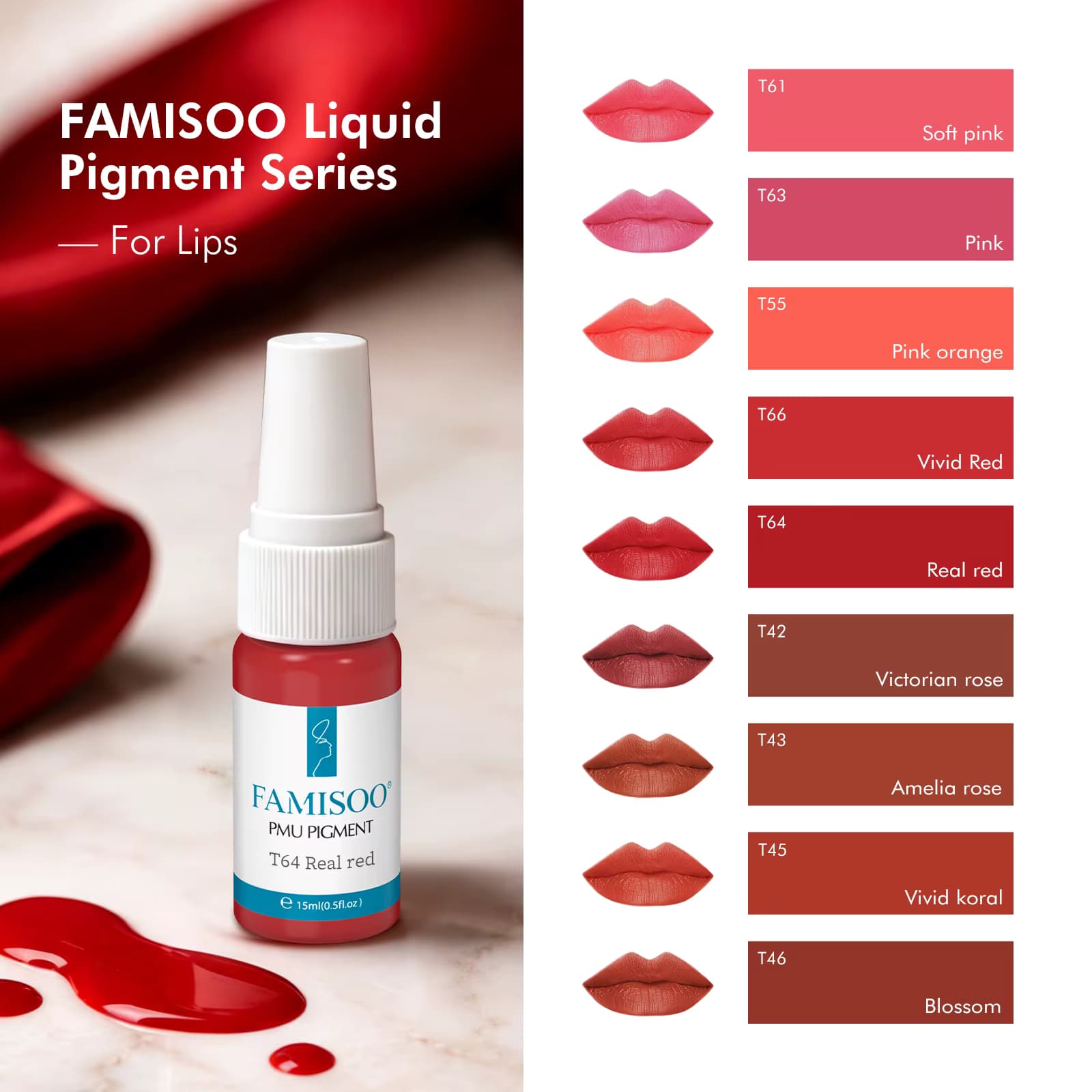 FAMISOO 46 Farben 15ML Professionelle Permanent-Make-up-Pigmente Lippen-Tattoo-Tinten Vegane Augenbrauen-Microblading-Pigmente für PMU-Künstler