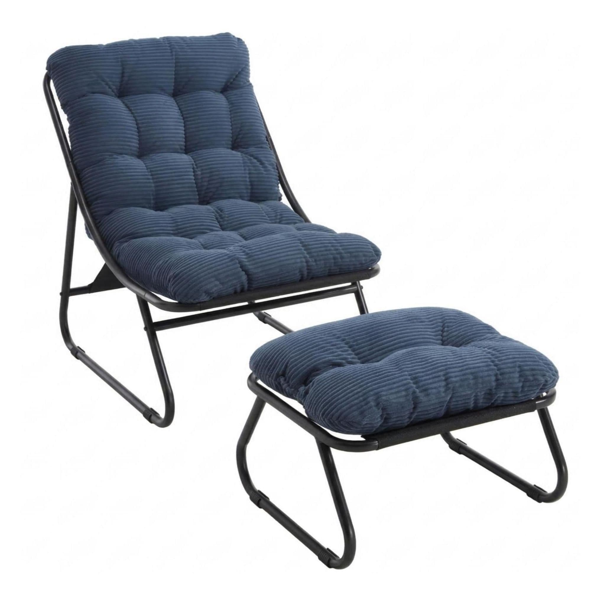 Outdoor-Lounge-Sessel mit Hocker, Polsterkissen, Sling-Gewebe, Stahlrahmen, Marineblau