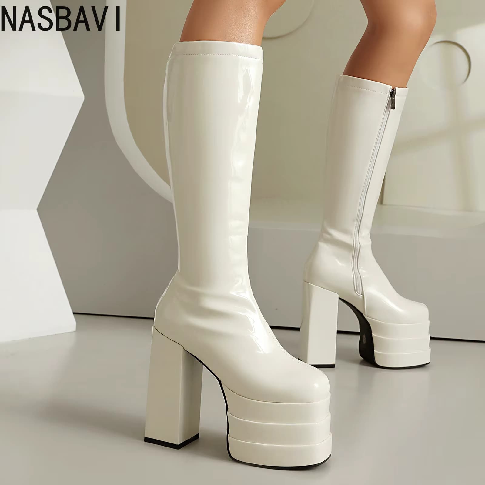 Plus Größe 43, Damen Kniehohe Stiefel, Plattform, dicker Absatz, Damen-Motorradstiefel, PU-Leder, seitlicher Reißverschluss, quadratische Zehenpartie, Damenstiefel