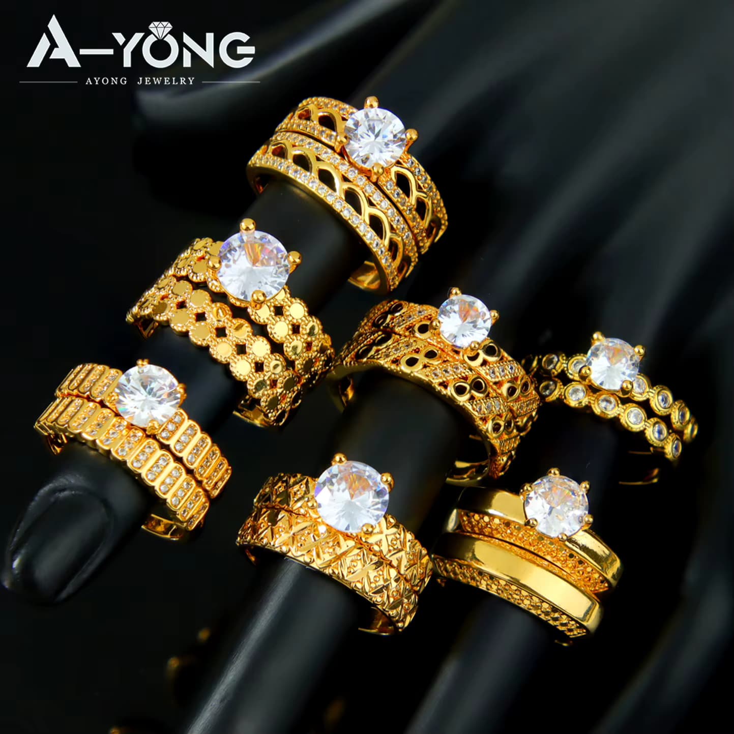 Dubai Mode Kubische Zirkonia Stapelbare Ringe 21k Vergoldet Arabischer Exquisiter Verlobungsring Paarringe Italienischer Goldschmuck
