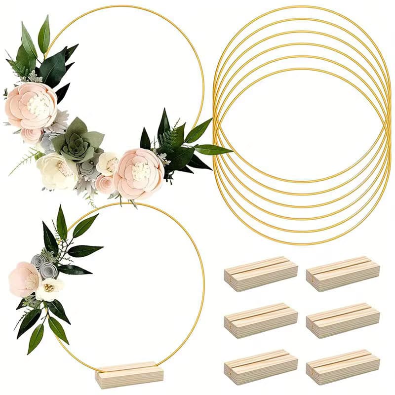 6er-Set 20–35 cm Metall-Blumenreifen-Mittelstück mit Holzständer für Tisch, goldene Metallringe, Hochzeit, Tischkranz, Wandbehang, Dekor