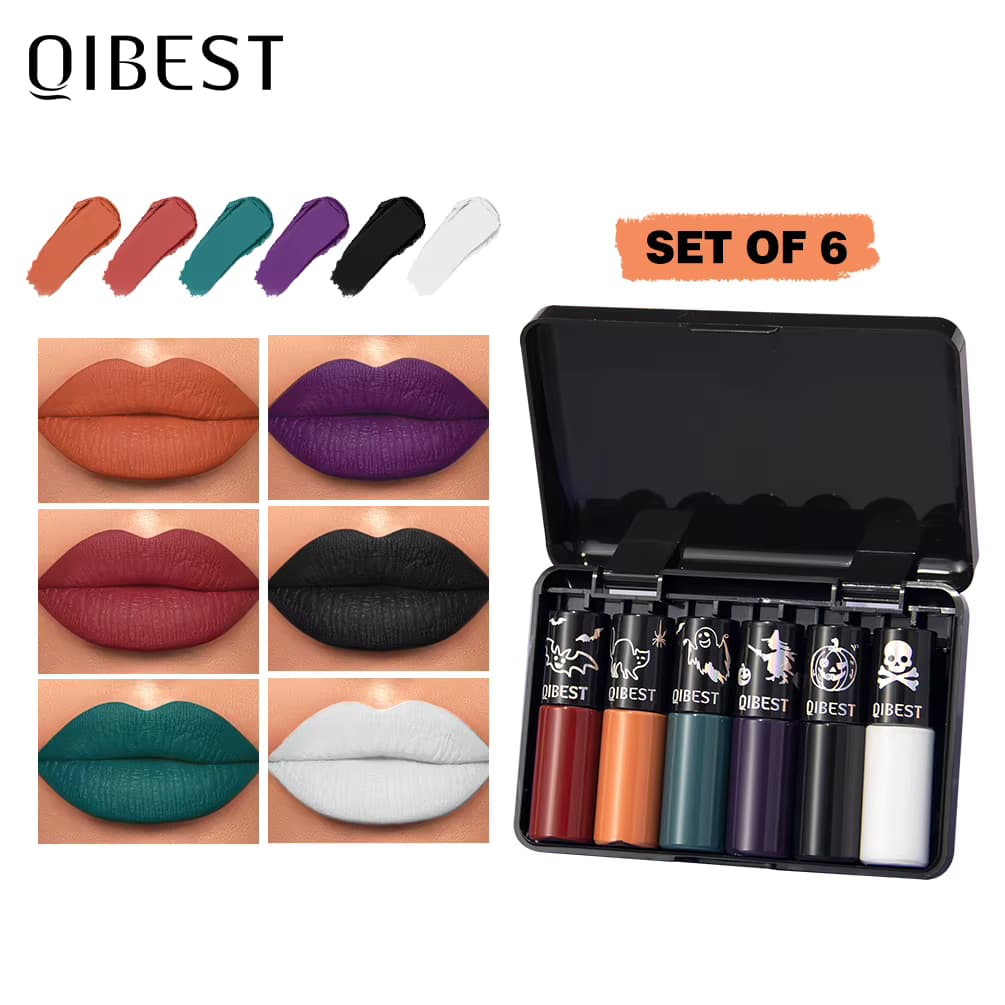 QIBEST Halloween Flüssiger Lippenstift Make-up-Sets Wasserfester Matter Lippenstift Rot Schwarz Orange Lila Lippenfarbe Langanhaltende Kosmetik