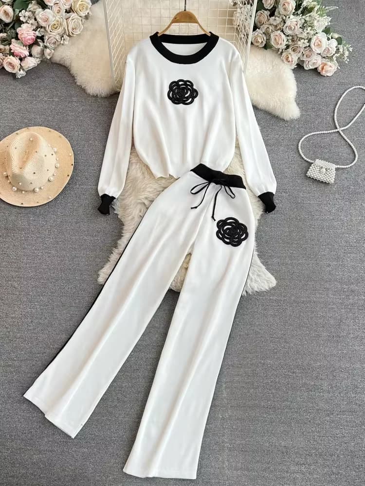 Damen Stricks ets Trainings anzug Hosen anzüge Herbst neue Langarm Blumen pullover Pullover weites Bein Hosen lässig zweiteilige Sets