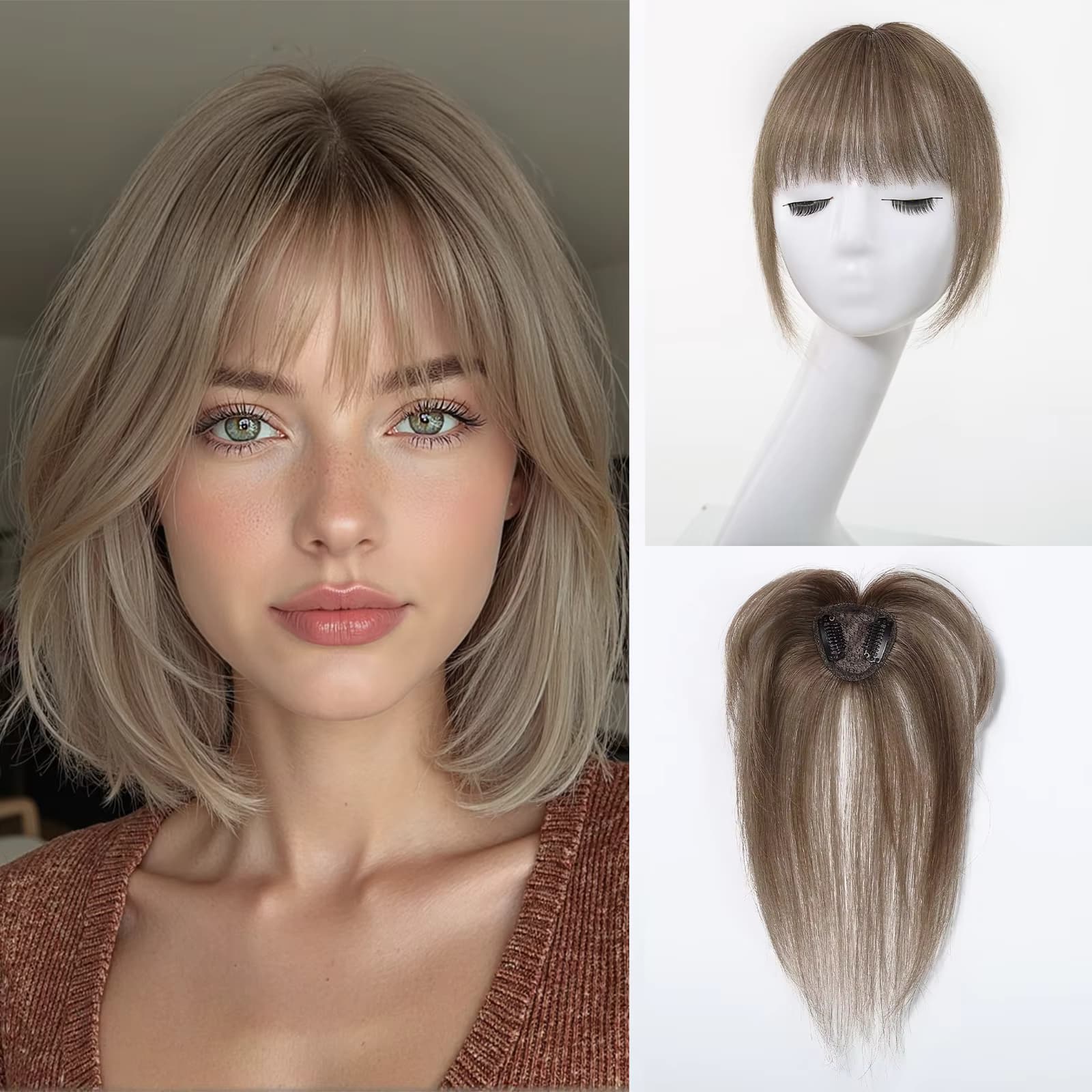 100 % Echthaar-Topper, braun, Ombre, 3D-Wispy-Pony, volle Abdeckung für Frauen, Haarausfall, natürlich aussehende Topper-Haarteile, echtes Haar